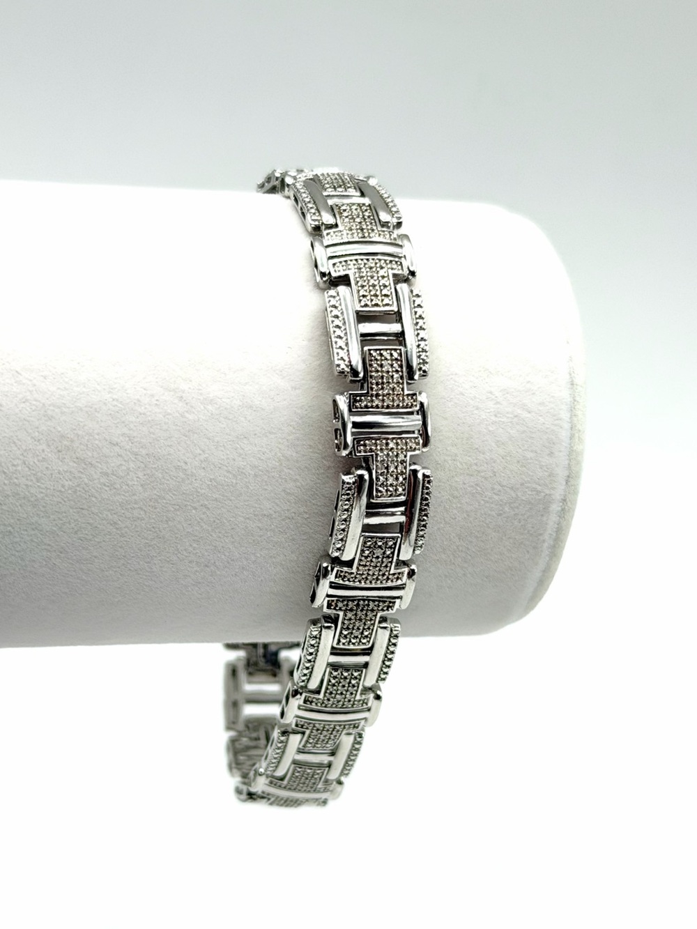 JWBR 925 Sterling Silver Pavé Diamond Men’s I Link Bracelet 23.42g 8.5”